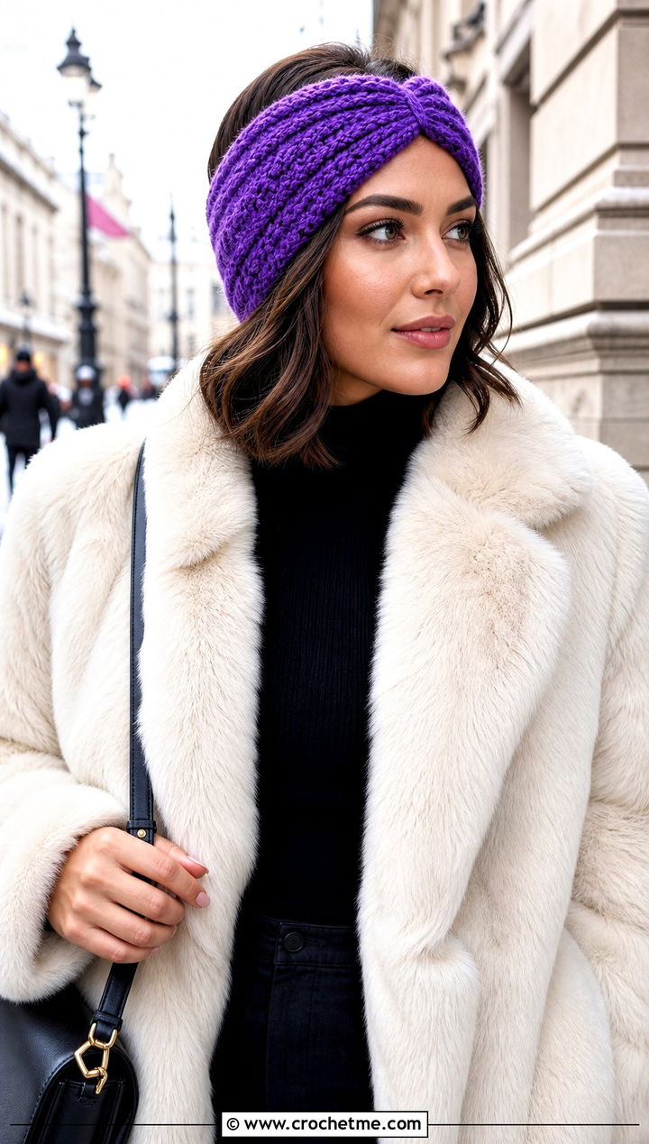 Cinched Crochet Headband With Faux Fur Jacket - 30 chunky crochet headband outfit ideas