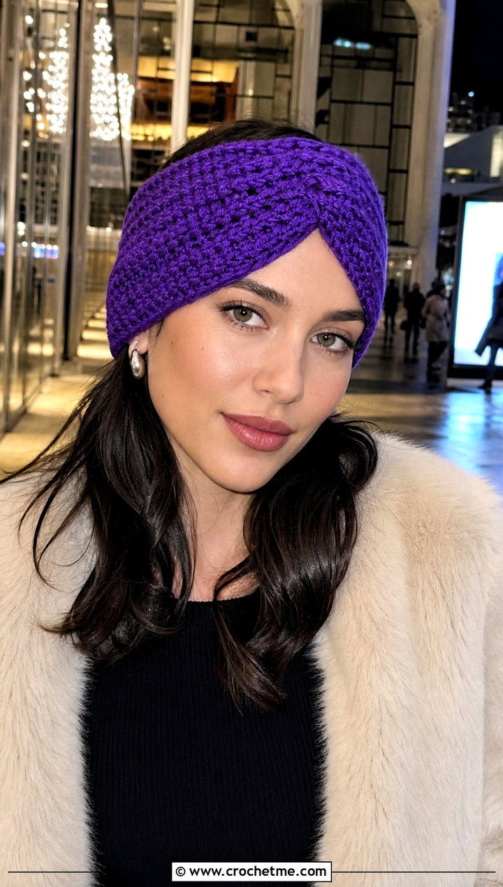 Cinched Crochet Winter Headband With Faux Fur Coat - 15 crochet winter head band outfit ideas