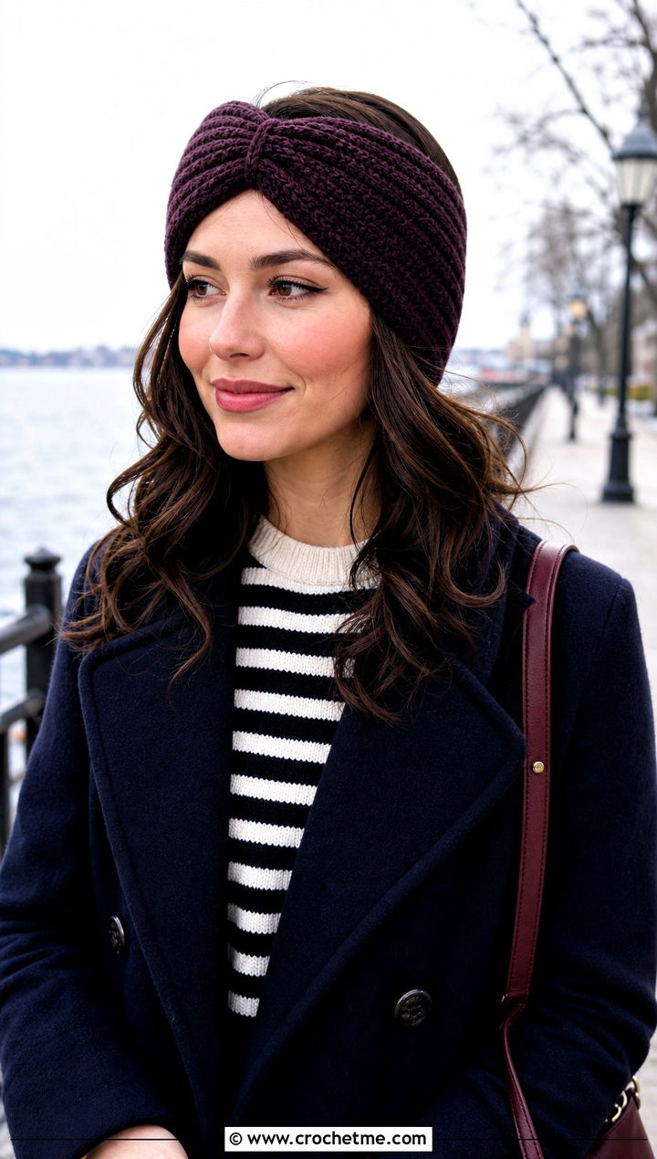 Cinched Ribbed Crochet Headband With Peacoat - 15 Cozy Ribbed Crochet Headband outfit ideas