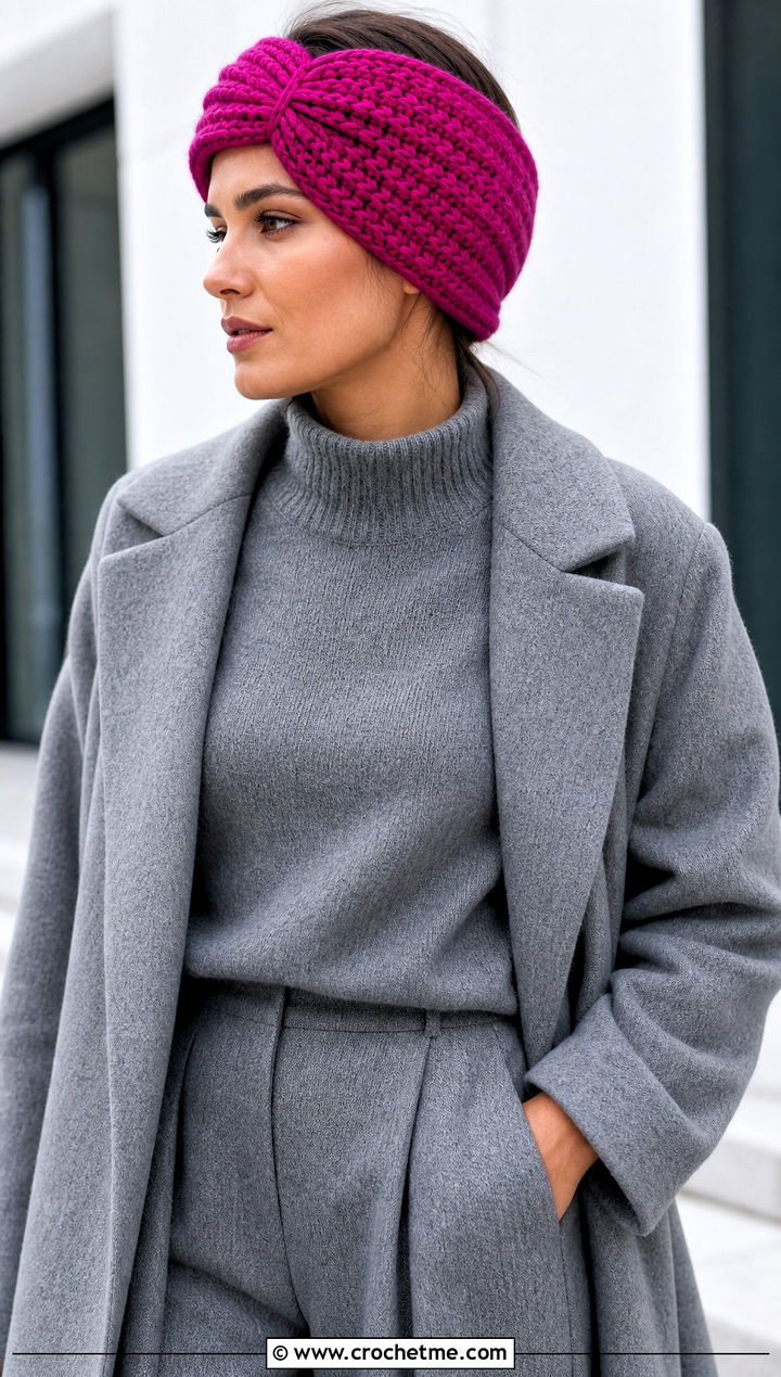 Cinched Wide Crochet Ear Warmer With Monochrome Outfit - 15 Wide Crochet Ear Warmer outfit ideas
