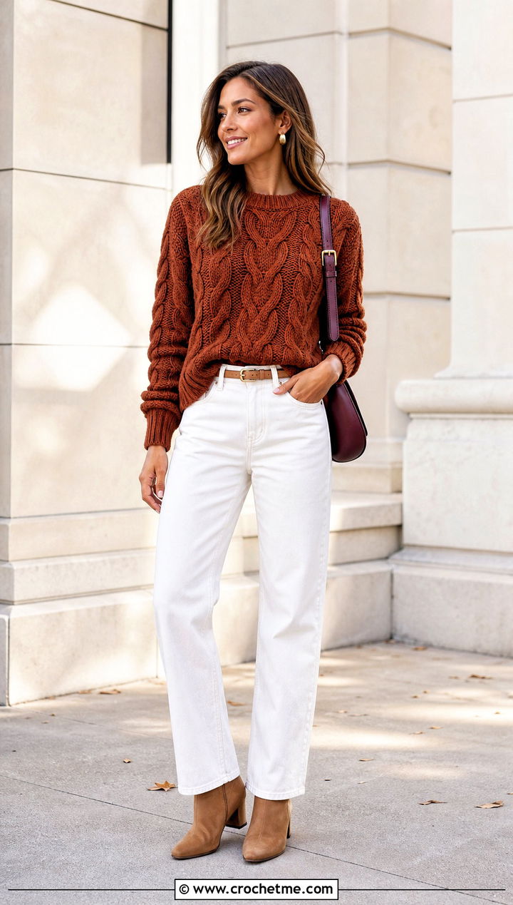 Cinnamon Cable Crochet Sweater With White Denim - 15 Brown Crochet Sweater Design outfit ideas