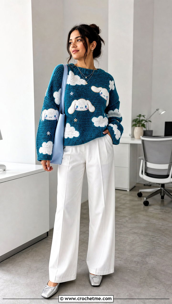Cinnamoroll Cloud Sweater With Wide Leg Trousers - 25 Sanrio Crochet Clothes and outfit ideas