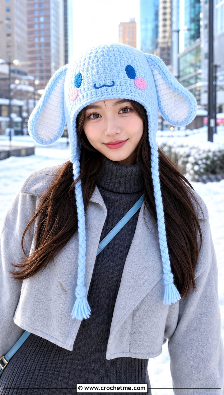 Cinnamoroll Crochet Earflap Beanie With A Sweater Dress - 30 sanrio crochet hat outfit ideas