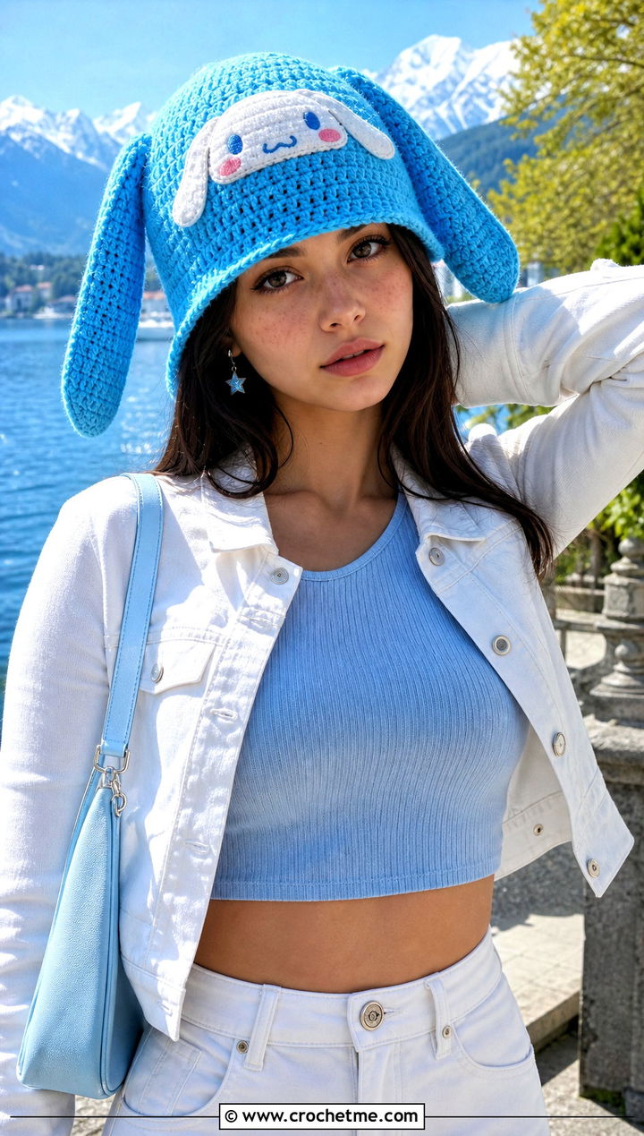 Cinnamoroll Crochet Floppy Ear Hat With A White Denim Outfit - 30 sanrio crochet hat outfit ideas