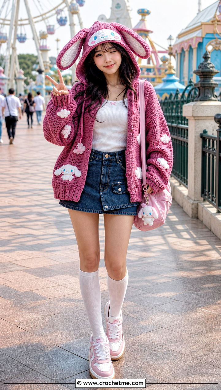 Cinnamoroll Hooded Crochet Cardigan With Denim Mini Skirt - 25 Sanrio Crochet Clothes and outfit ideas