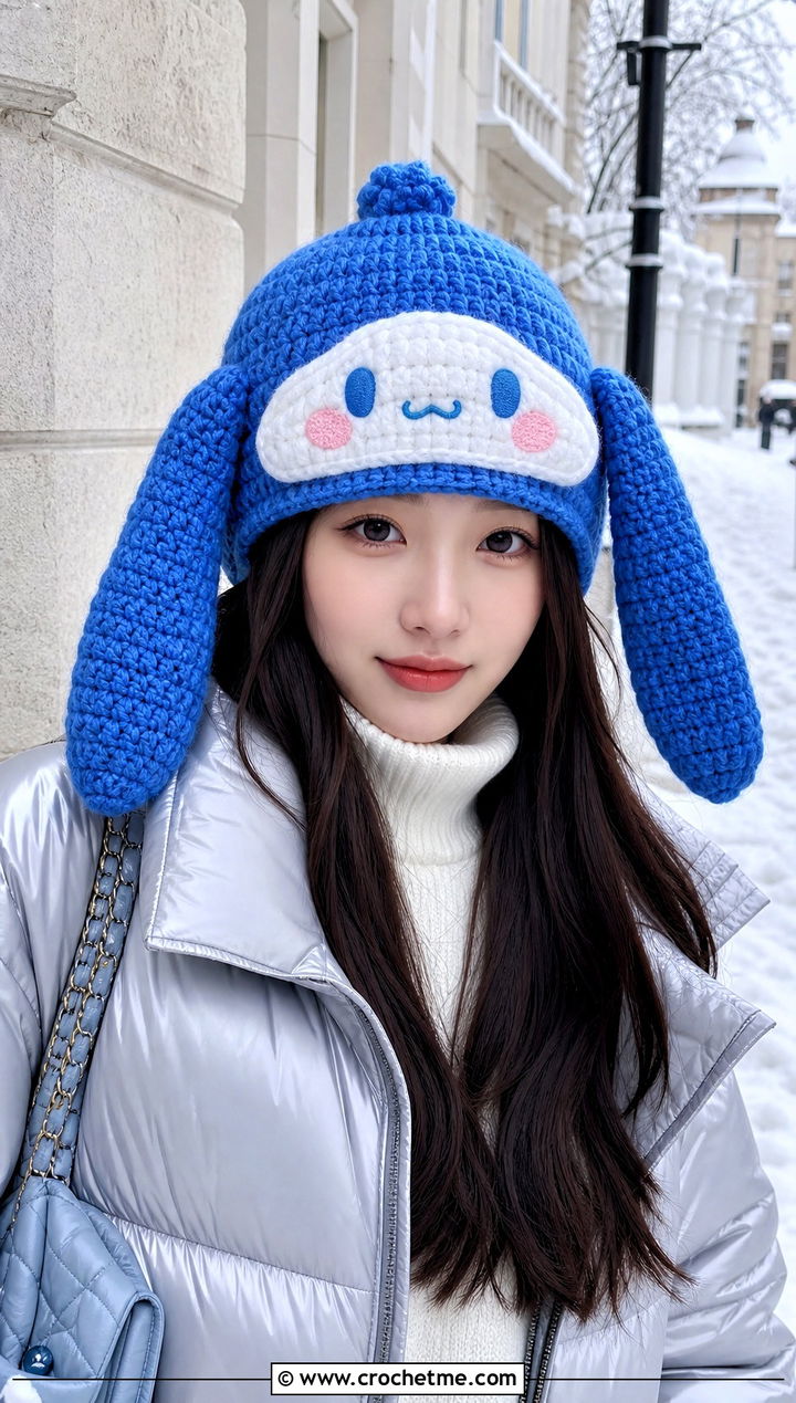 Cinnamoroll Long Ear Beanie With Puffer Jacket - 25 sanrio crochet beanie outfit ideas