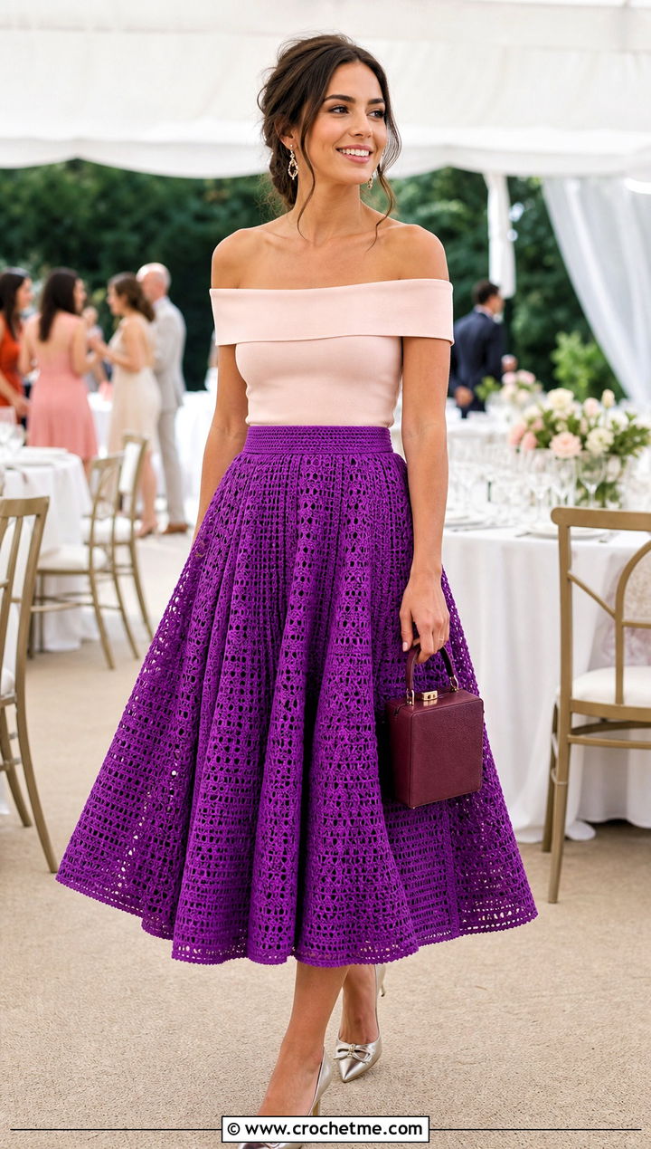 Circle Crochet Barbie Skirt With Off Shoulder Top - 25 Crochet Barbie Skirt outfit ideas
