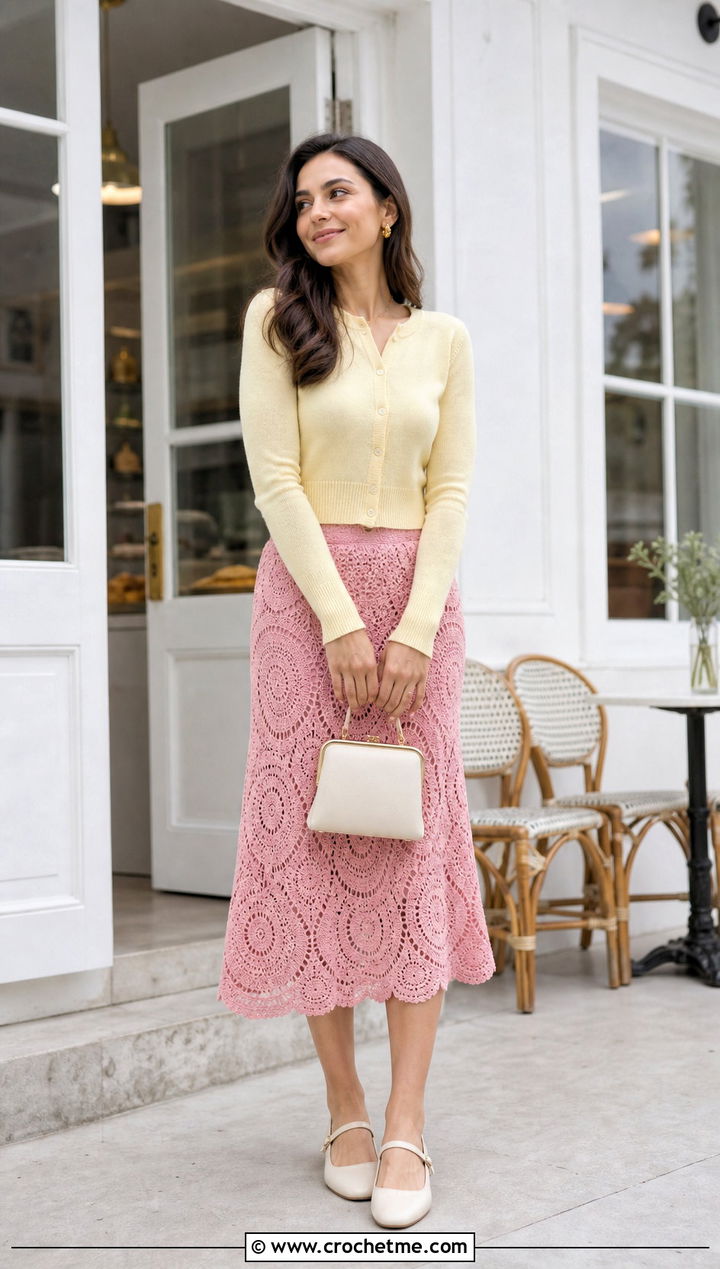 Circle Crochet Boho Midi Skirt With Cropped Cardigan - 25 crochet boho skirt outfit ideas