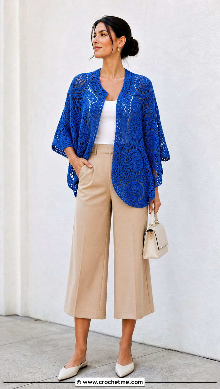 Circle Crochet Boho Poncho With Culottes - 30 crochet boho poncho outfit ideas