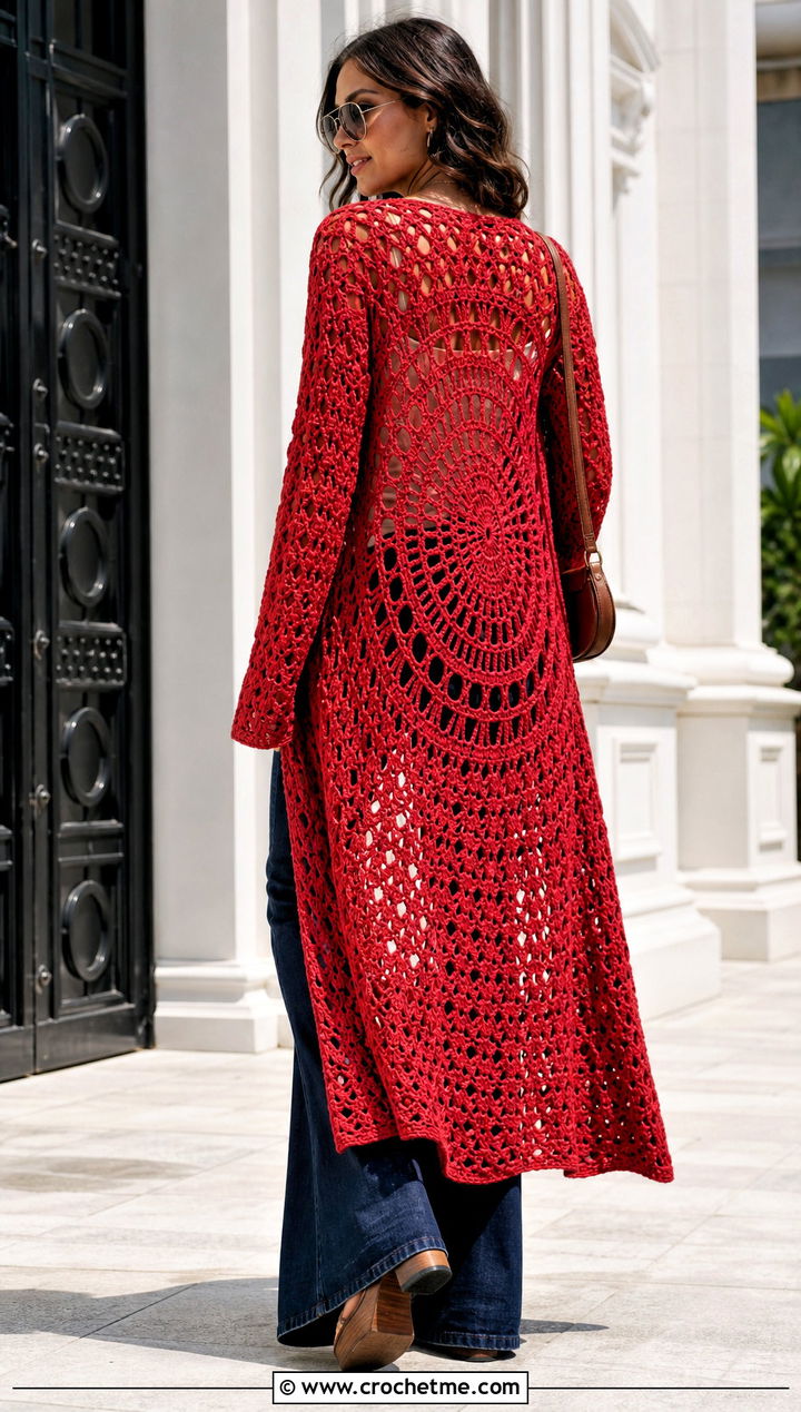 Circle Crochet Duster With Bodysuit And Flare Pants - 25 crochet duster outfit ideas