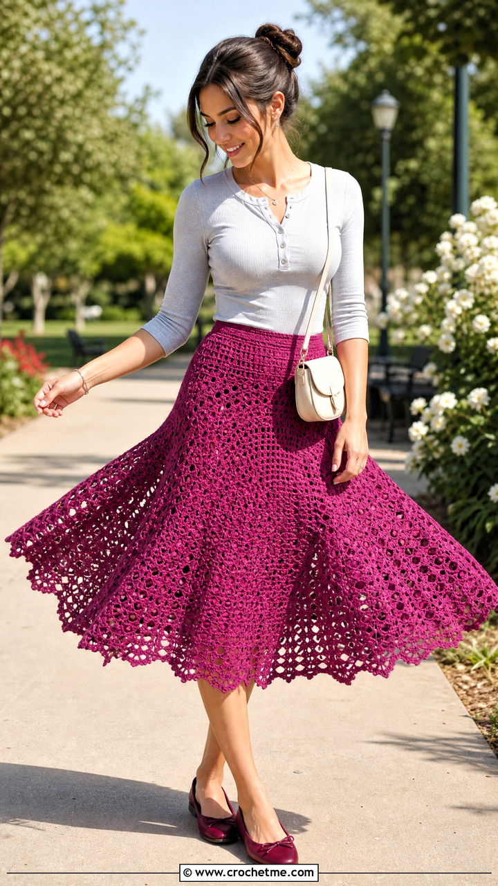 Circle Crochet Lace Skirt With Fitted Henley Top - 35 crochet lace skirt outfit ideas