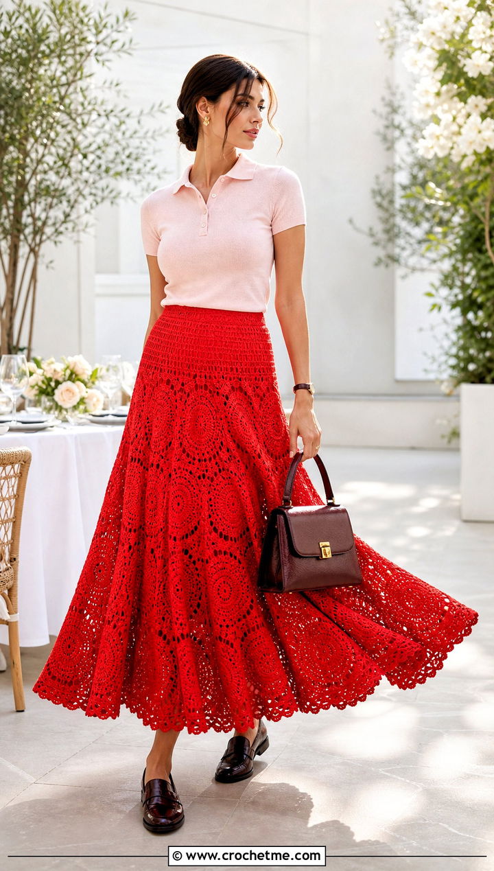 Circle Crochet Maxi Skirt With Fitted Polo - 35 long crochet skirt outfit ideas