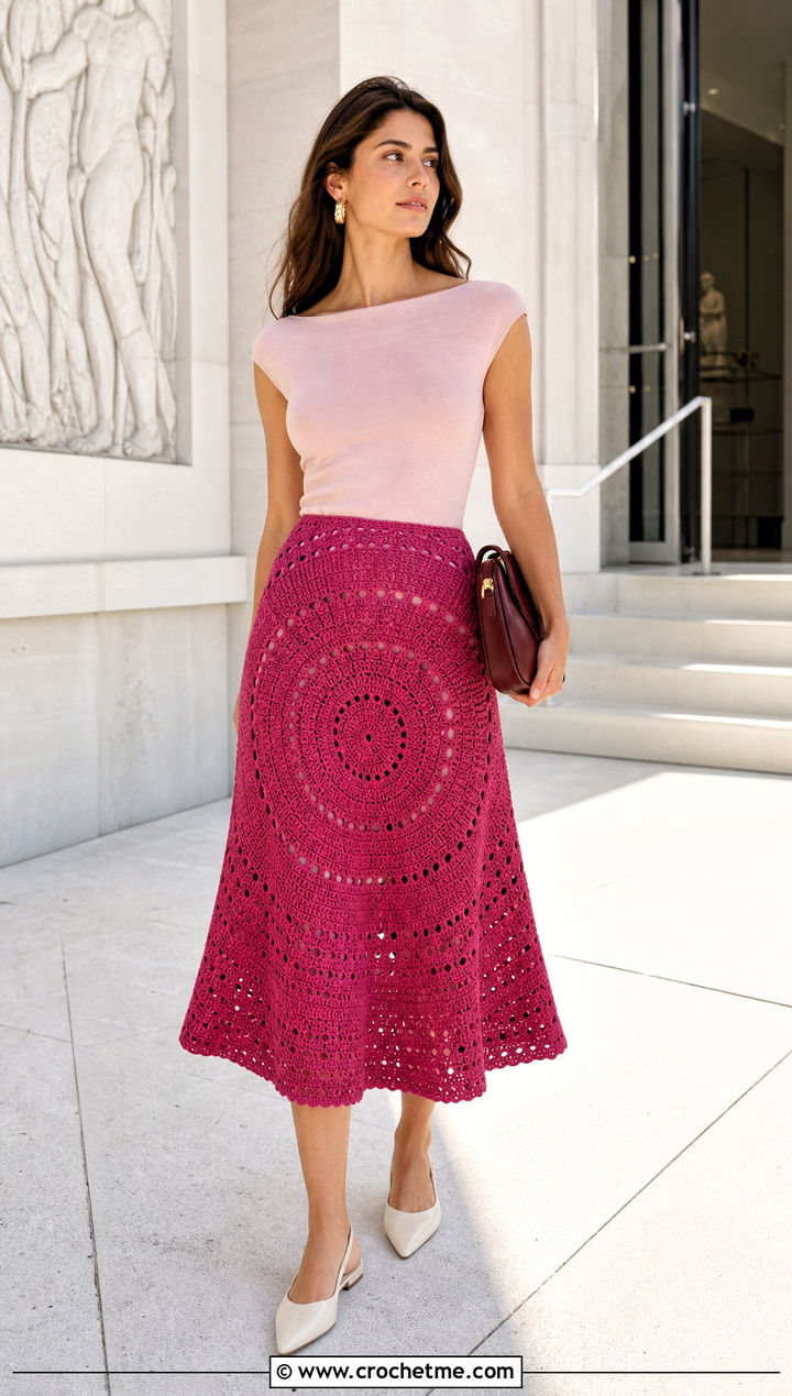 Circle Crochet Midi Skirt With Boat Neck Top - 35 easy crochet skirt outfit ideas