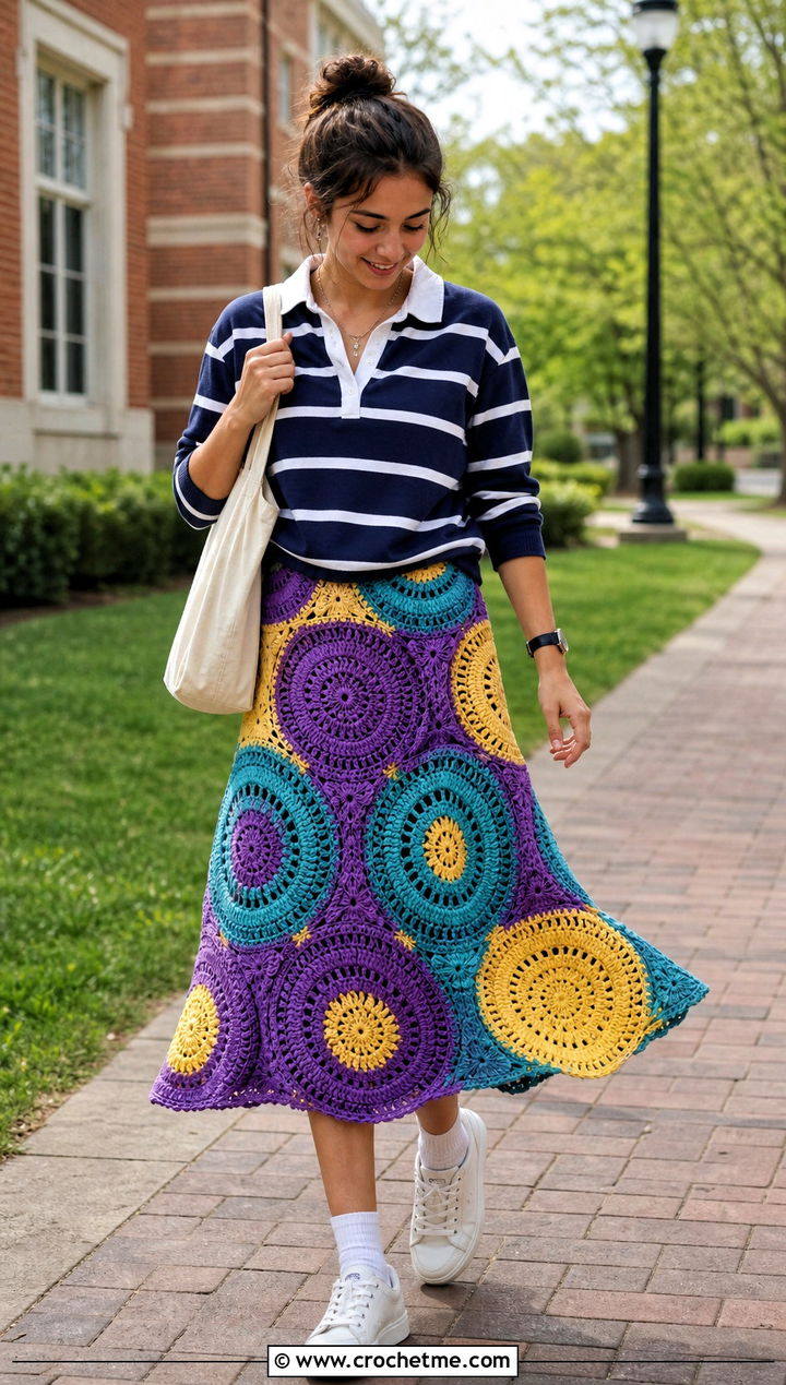 Circle Crochet Patchwork Midi Skirt With Rugby Shirt - 30 crochet patchwork skirt outfit ideas