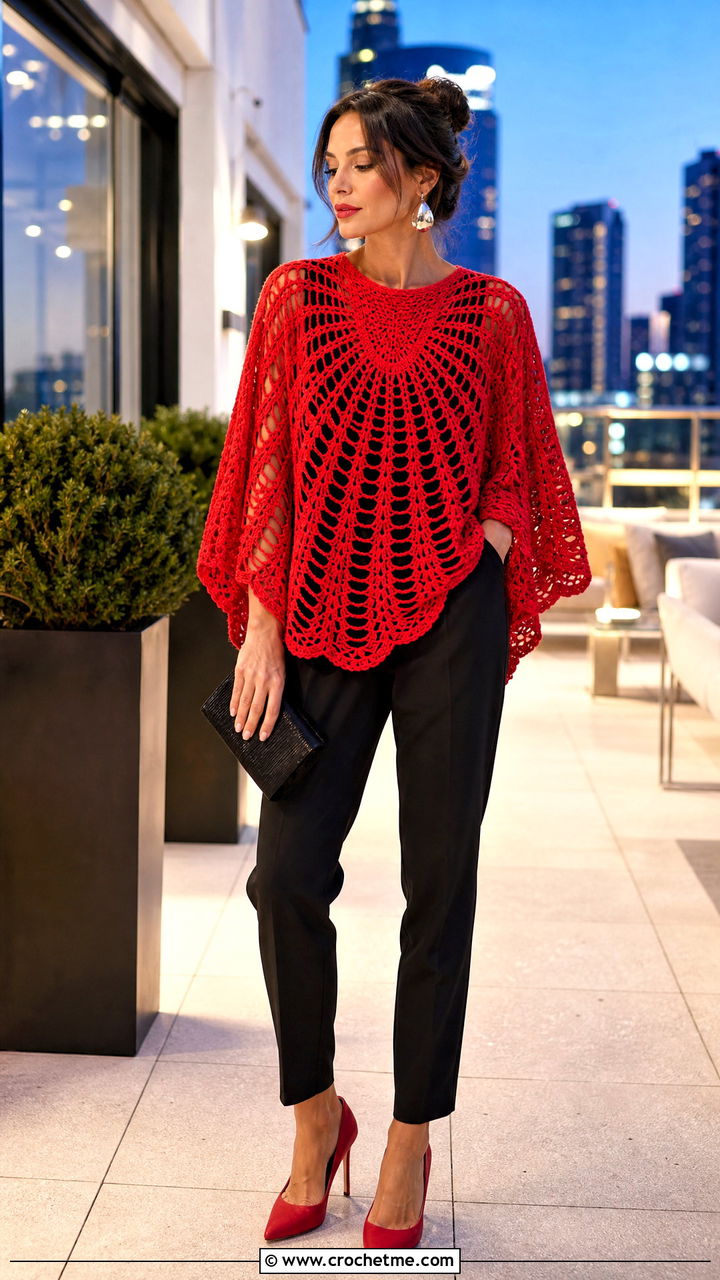 Circle Crochet Poncho With Slim Fit Jumpsuit - 35 crochet poncho woman outfit ideas