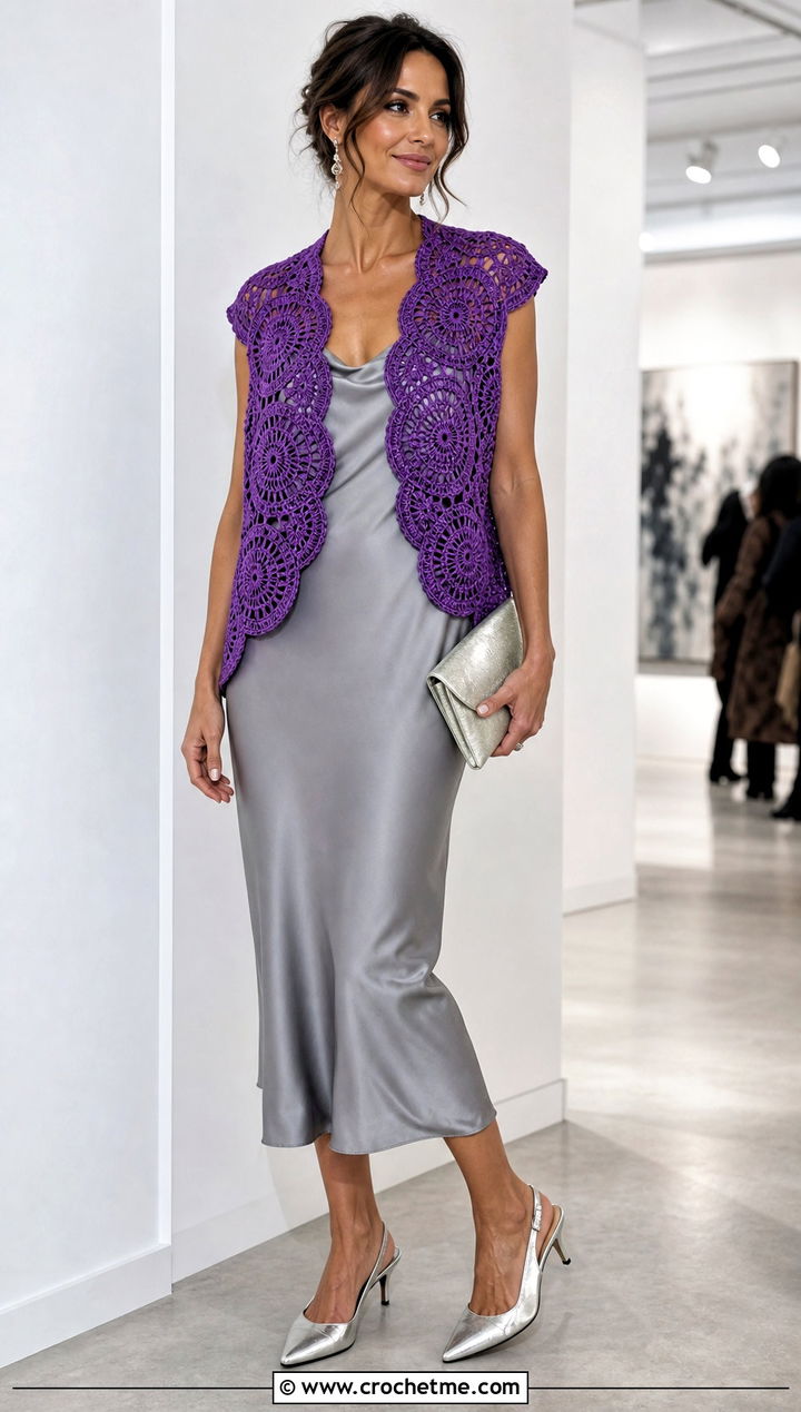 Circle Crochet Shrug Vest With Satin Slip Dress - 15 crochet shrug vest outfit ideas
