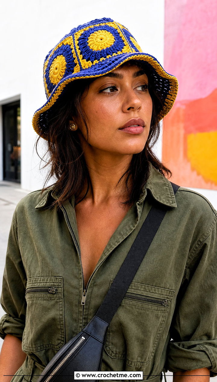Circle In Square Bucket Hat With Utility Jumpsuit - 30 crochet square hat outfit ideas
