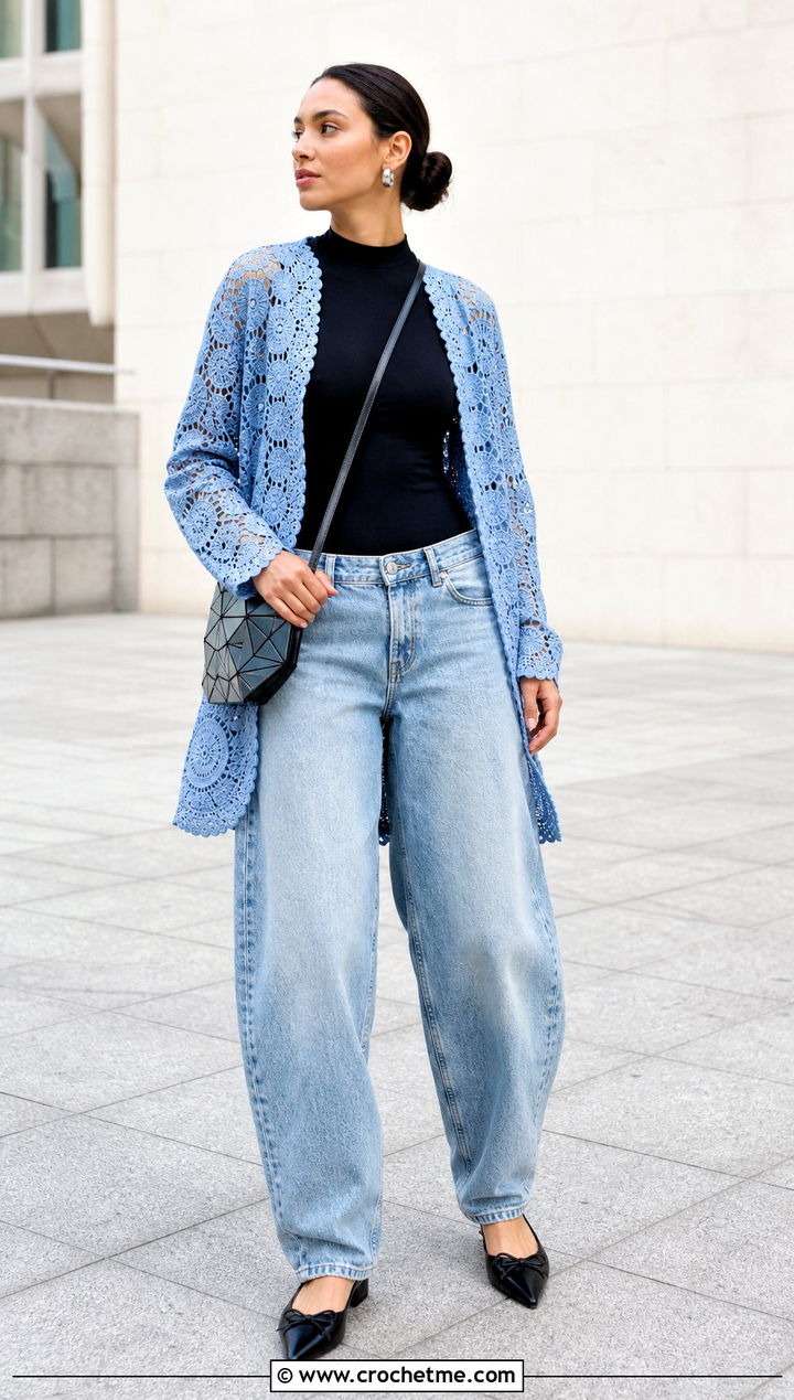 Circle Leaf Lace Cardigan With Barrel Jeans - 30 crochet lacy cardigan outfit ideas