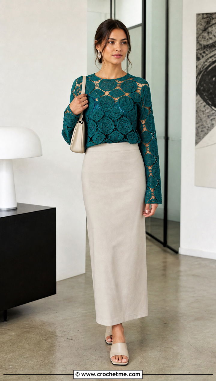 Circle Leaf Lace Top With Column Skirt - 15 crochet top with leaf outfit ideas