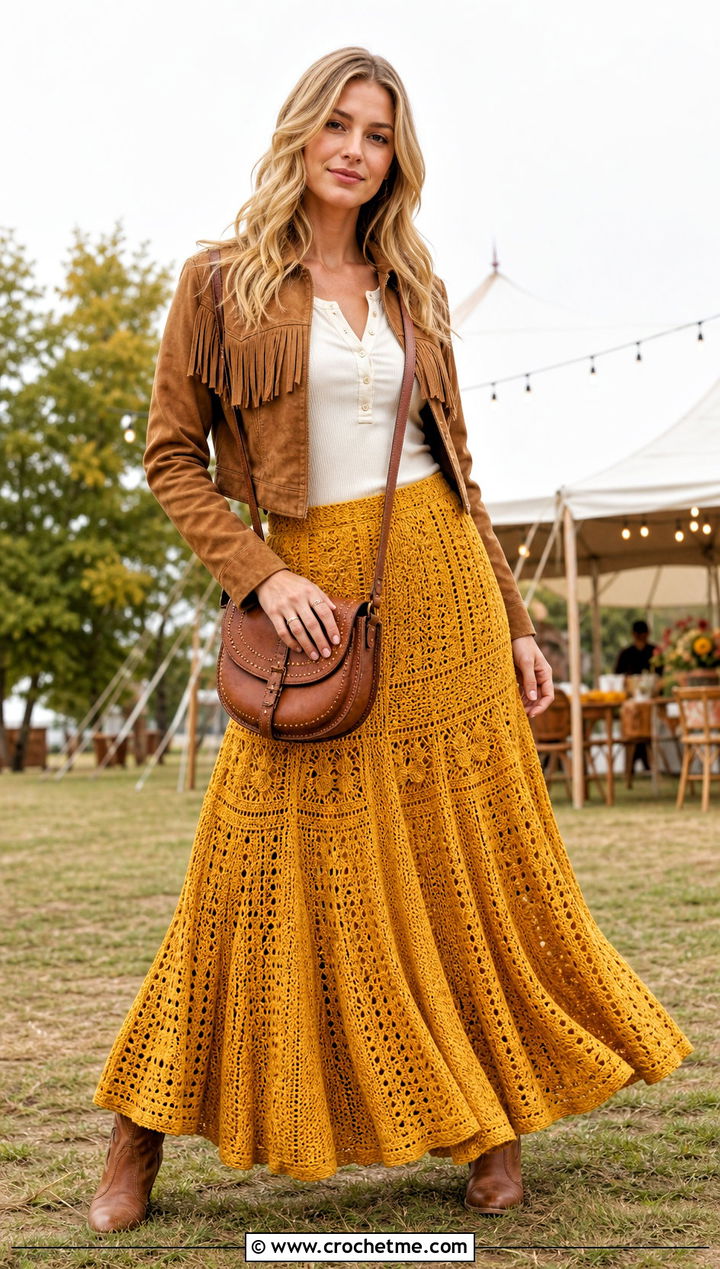 Circle Maxi Crochet Skirt With Fitted Henley Top - 35 maxi crochet skirt outfit ideas