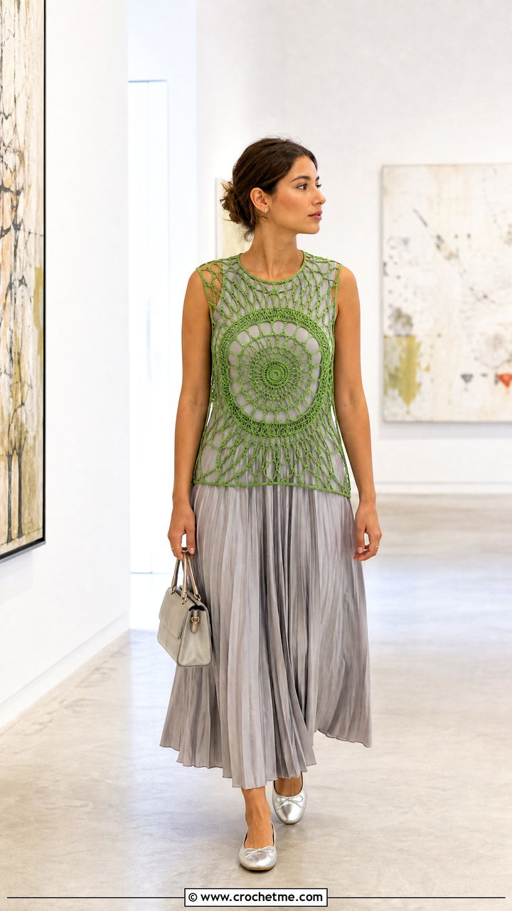 Circle Motif Spiderweb Crochet Top With Pleated Skirt - 35 spiderweb crochet top outfit ideas