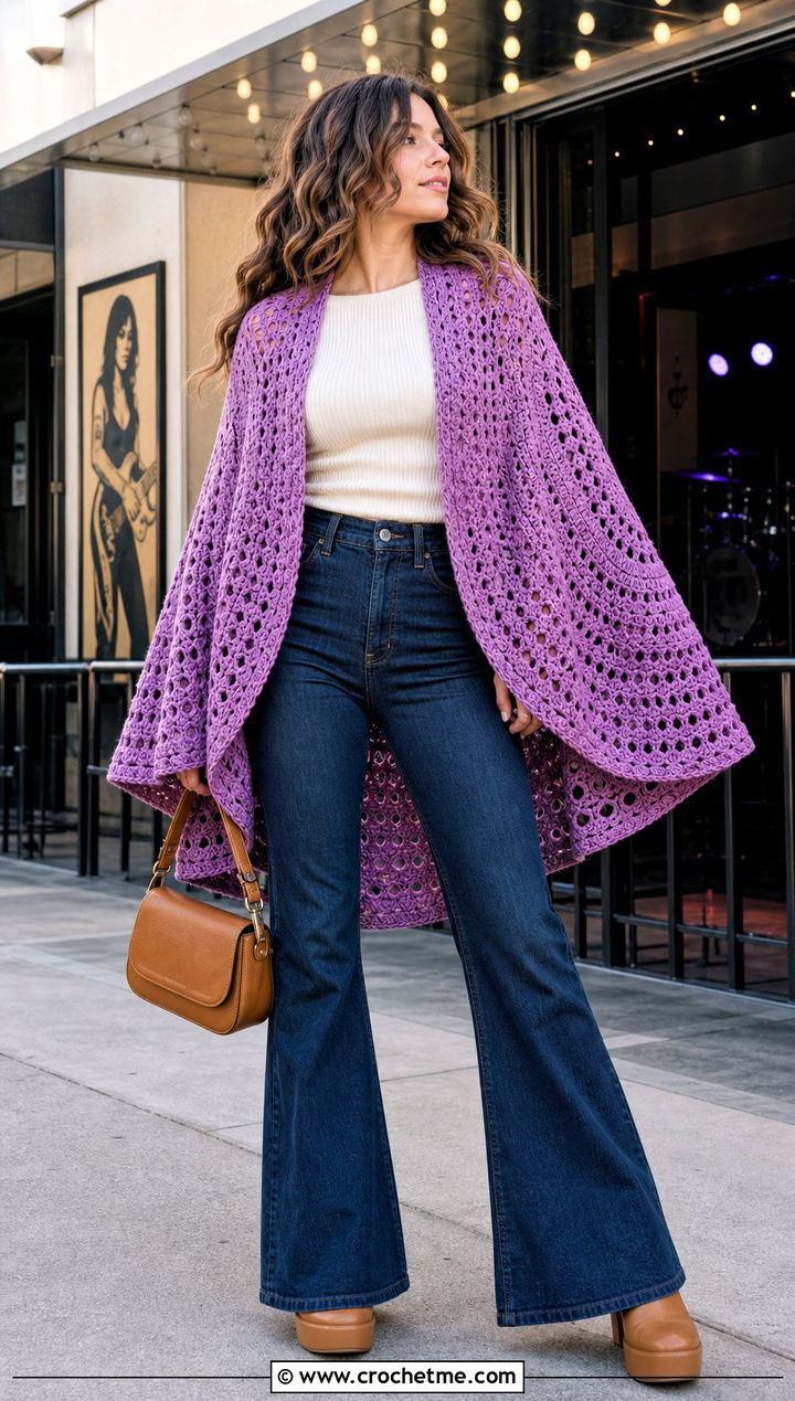 Circle Shawl Crochet Cardigan With Flared Jeans - 25 Shawl Crochet Cardigan outfit ideas