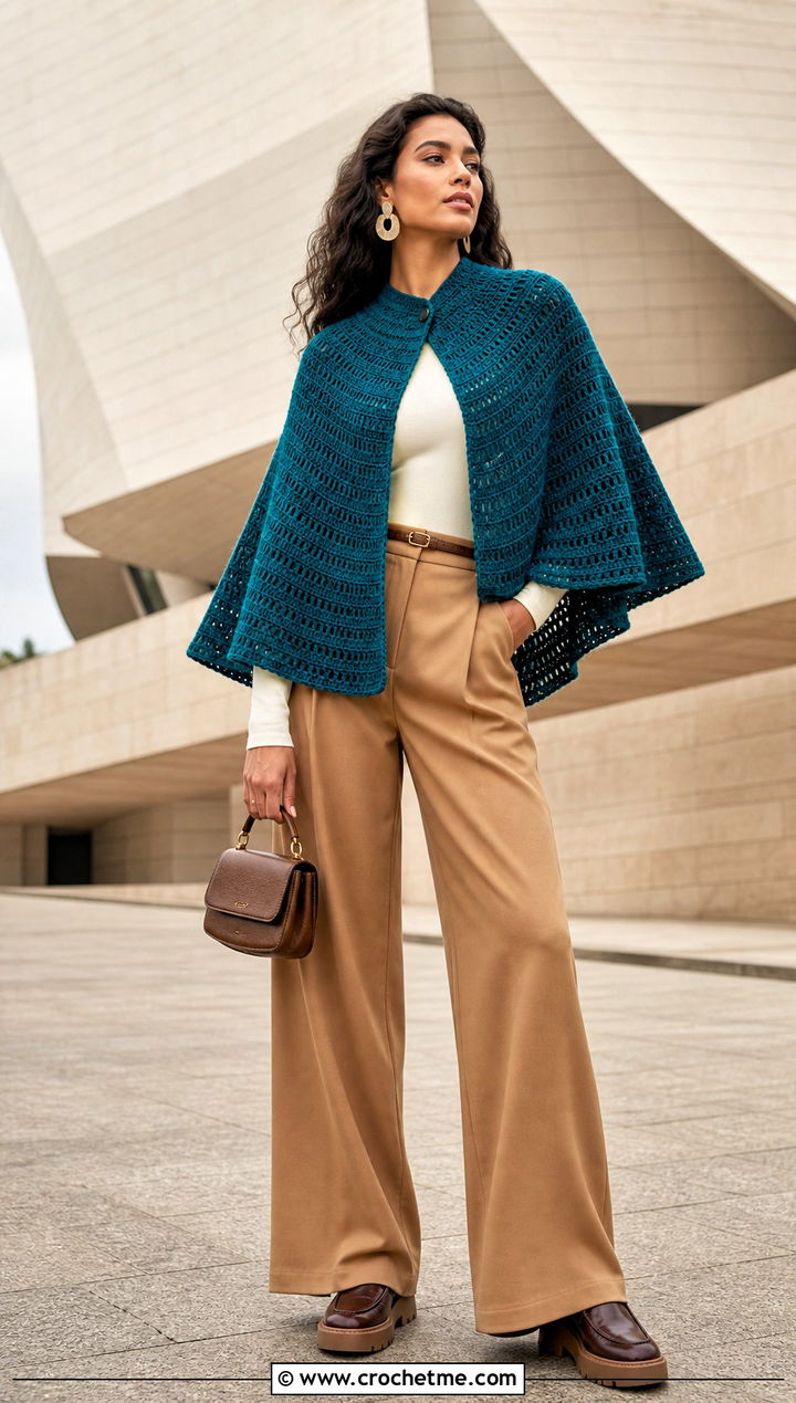 Circular Cape Crochet Shawl With Wide Leg Pants - 25 Fall Crochet Shawl outfit ideas