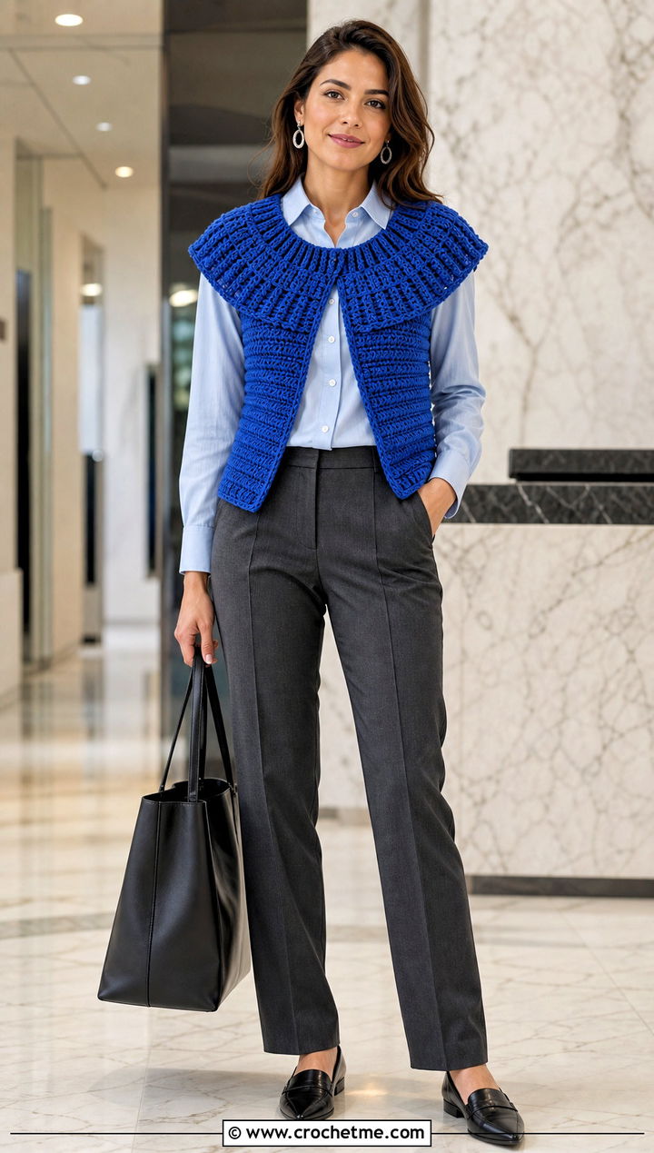 Circular Collar Crochet Shawl Vest With Tailored Trousers - 25 crochet shawl vest outfit ideas