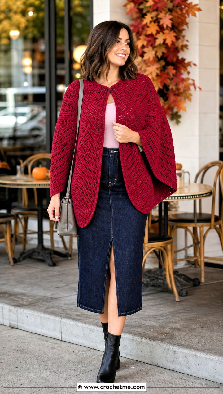 Circular Crochet Cape With Denim Skirt - 15 diy crochet cape outfit ideas