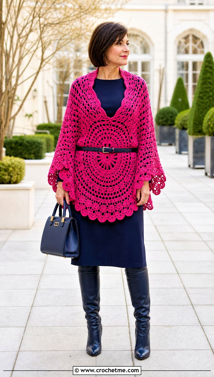 Circular Crochet Mandala Shawl With Belted Midi Dress - 25 Crochet Mandala Shawl outfit ideas