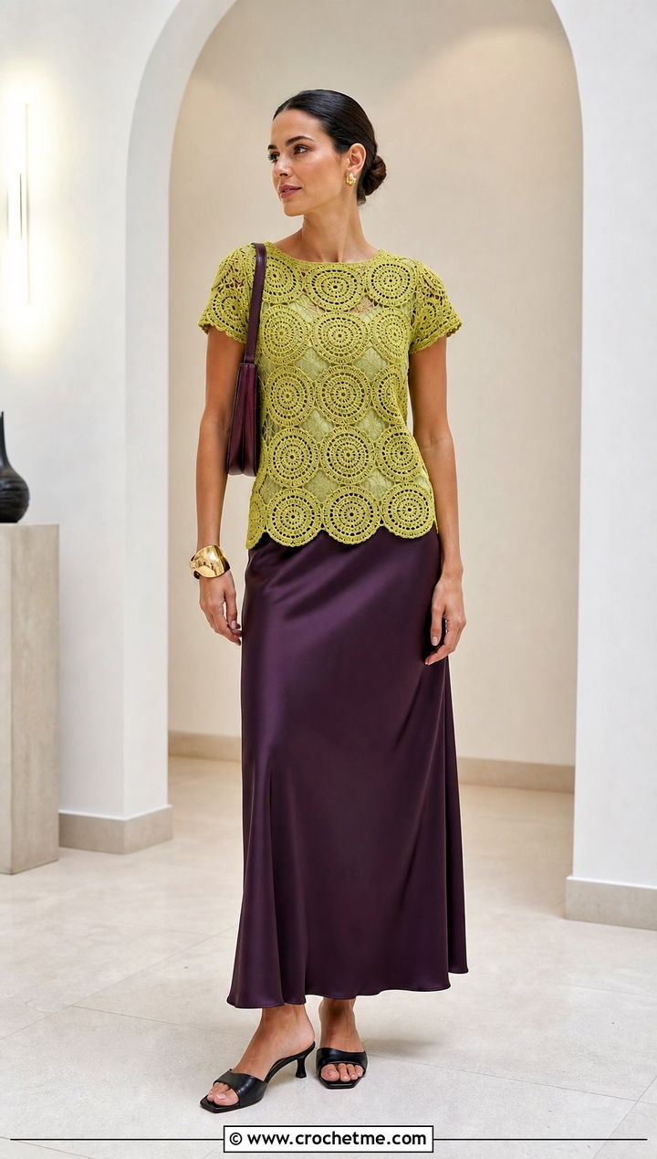 Circular Crochet Motif Top With Satin Slip Skirt - 30 crochet motif top outfit ideas