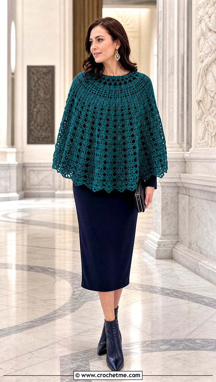 Circular Crochet Poncho Sweater With Column Dress - 35 crochet poncho sweater outfit ideas