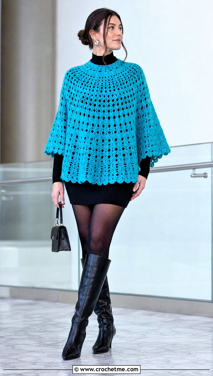 Circular Crochet Poncho With Mini Dress And Knee High Boots - 15 Crochet Shawls And Ponchos outfit ideas