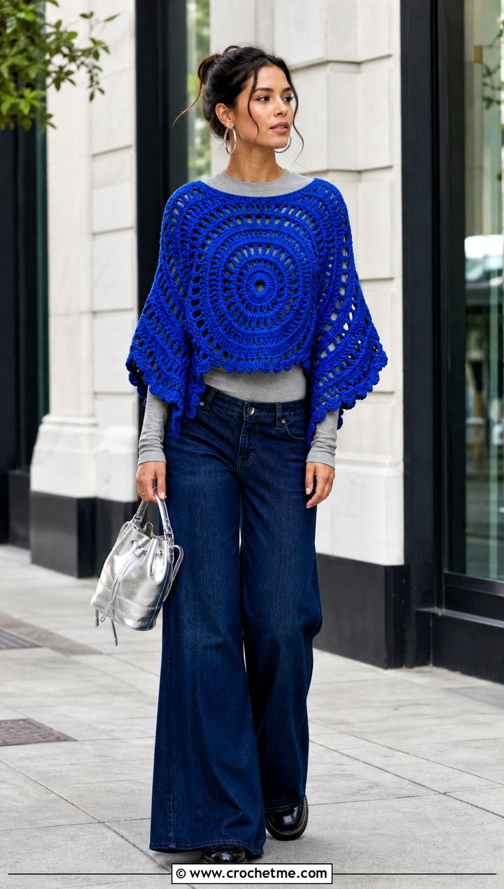 Circular Crochet Poncho With Wide Leg Jeans - 15 Modern Crochet Poncho outfit ideas