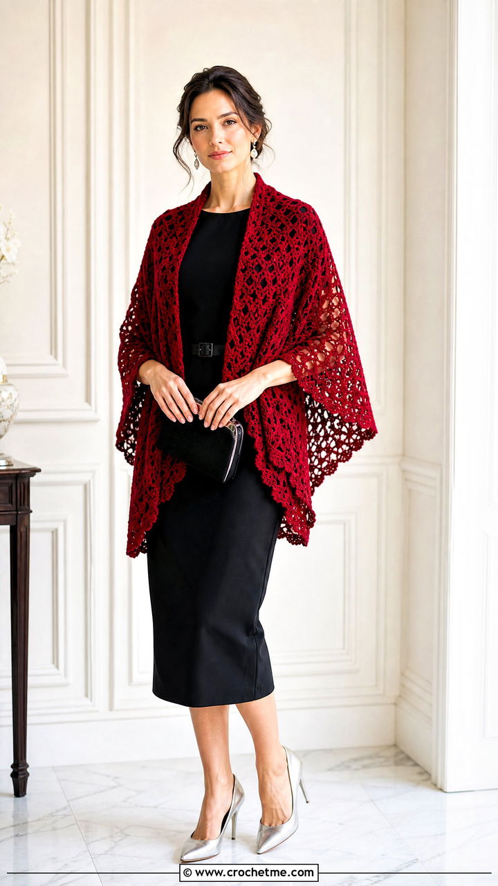 Circular Crochet Shawl With Black Midi Dress - 35 crochet wrap outfit ideas