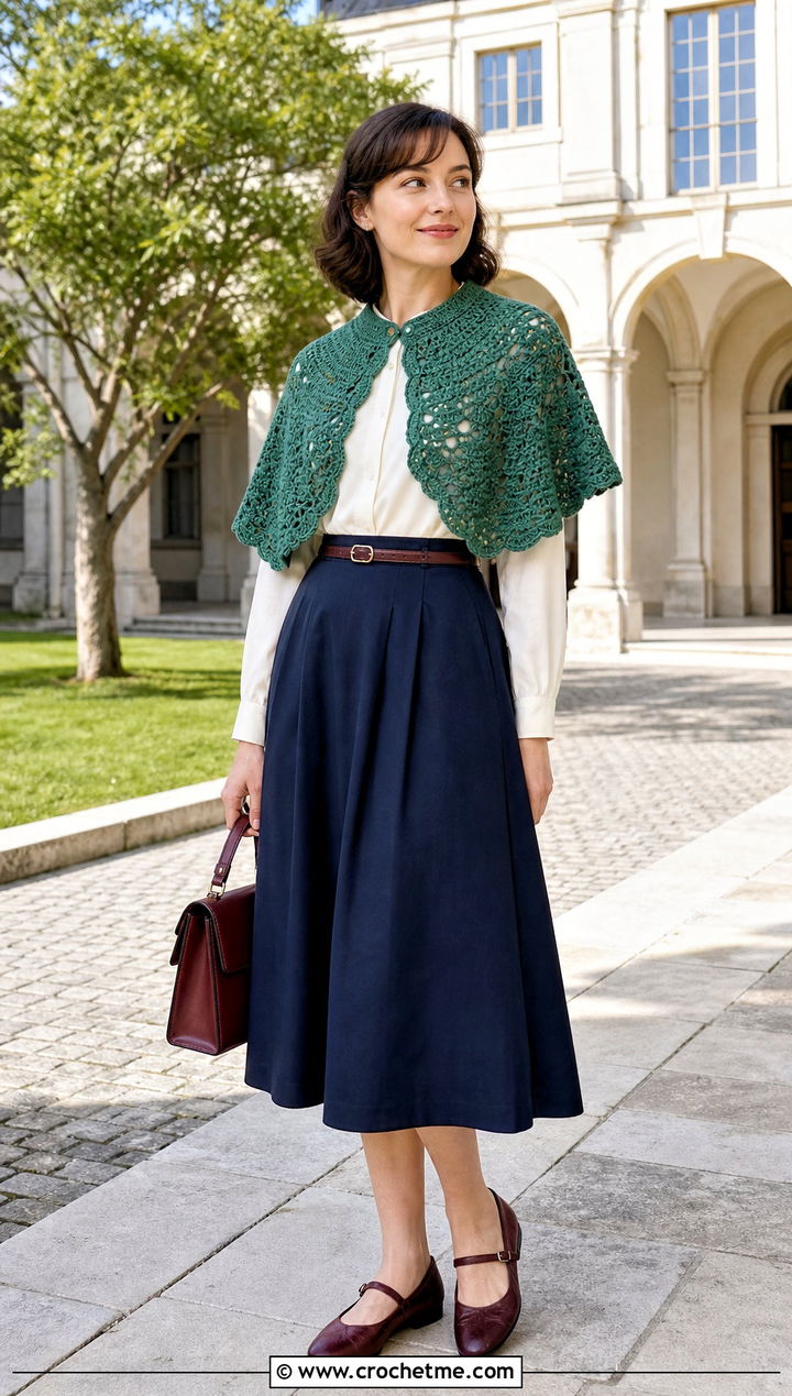 Circular Crochet Shawl With Blouse And A Line Skirt - 30 simple crochet shawls and wraps outfit ideas