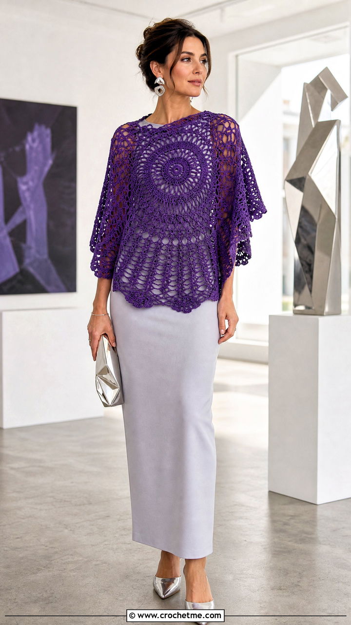 Circular Crochet Shawl With Column Dress - 35 crochet shawls and wraps outfit ideas
