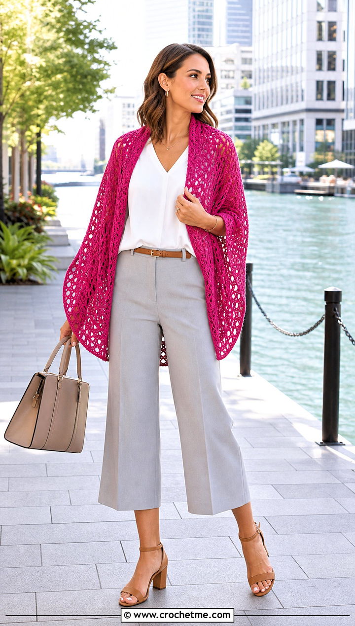 Circular Crochet Shawl With Culottes And Sleeveless Blouse - 35 quick crochet shawl outfit ideas