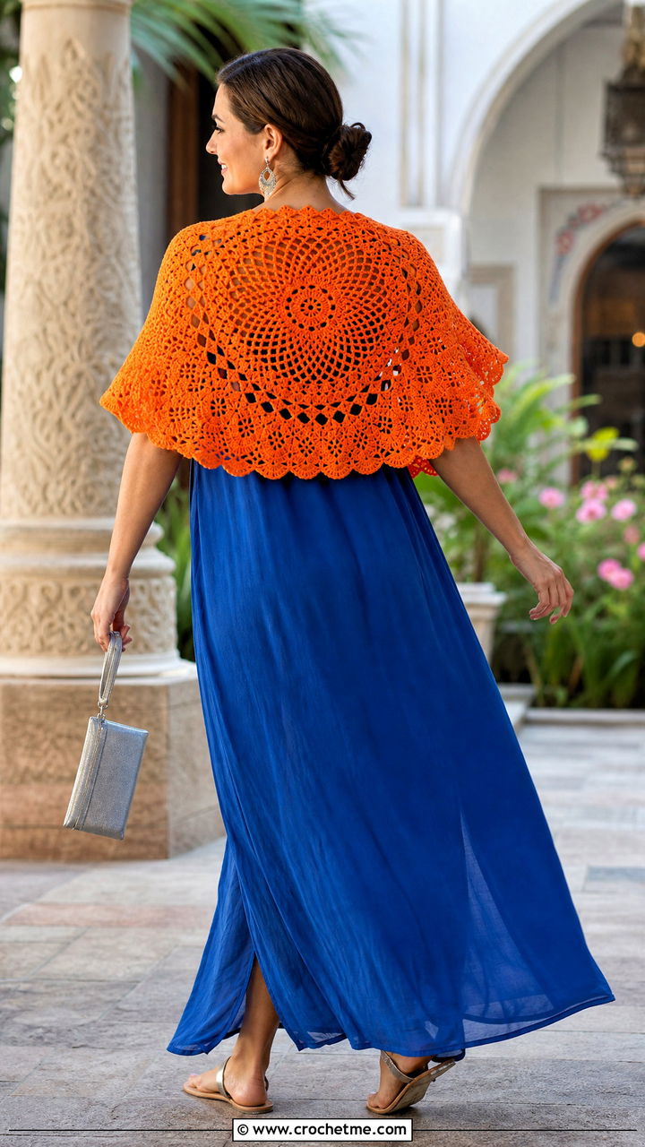 Circular Crochet Shawl With Maxi Dress - 35 Crocheted Shawls And Wraps outfit ideas