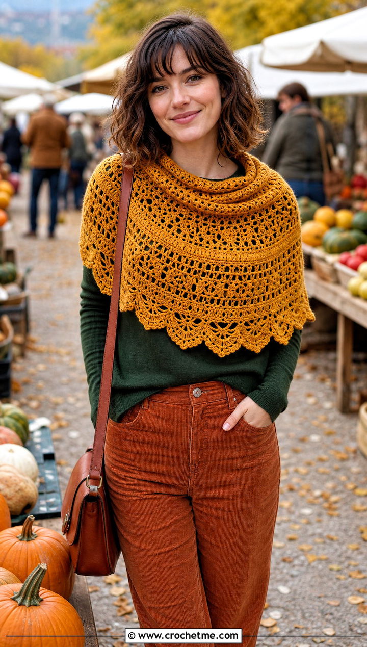 Circular Crochet Shawl With Sweater And Corduroy Pants - 25 Vintage Crochet Shawl outfit ideas