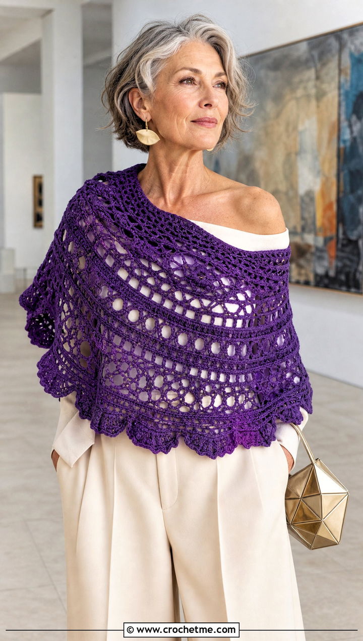 Circular Crochet Shawl With Wide Leg Trousers - 20 Light Weight Crochet Shawl outfit ideas