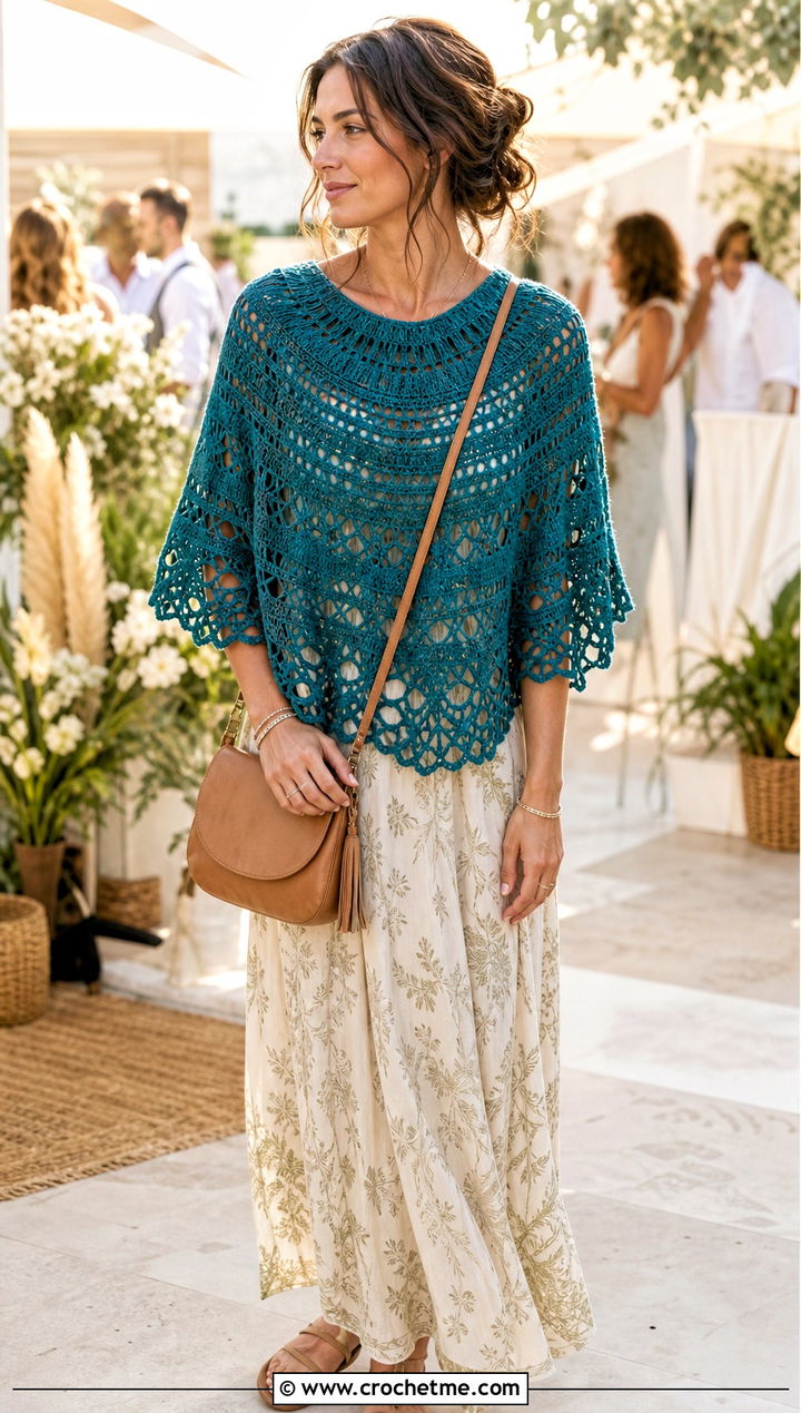 Circular DK Yarn Crochet Shawl With Boho Maxi Dress - 25 Crochet Shawl Dk Yarn outfit ideas