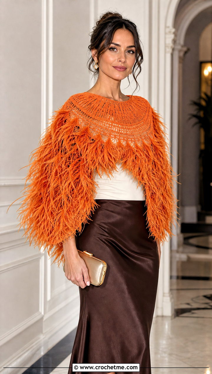 Circular Feather Crochet Shawl With Bias Cut Skirt - 30 crochet feather shawl outfit ideas