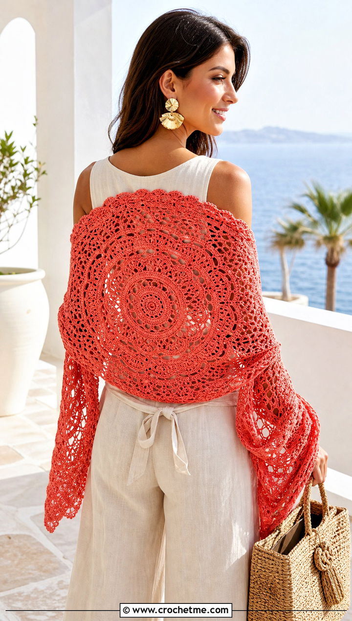 Circular Lace Shawl With Linen Jumpsuit - 25 Lacey Crochet Shawls outfit ideas