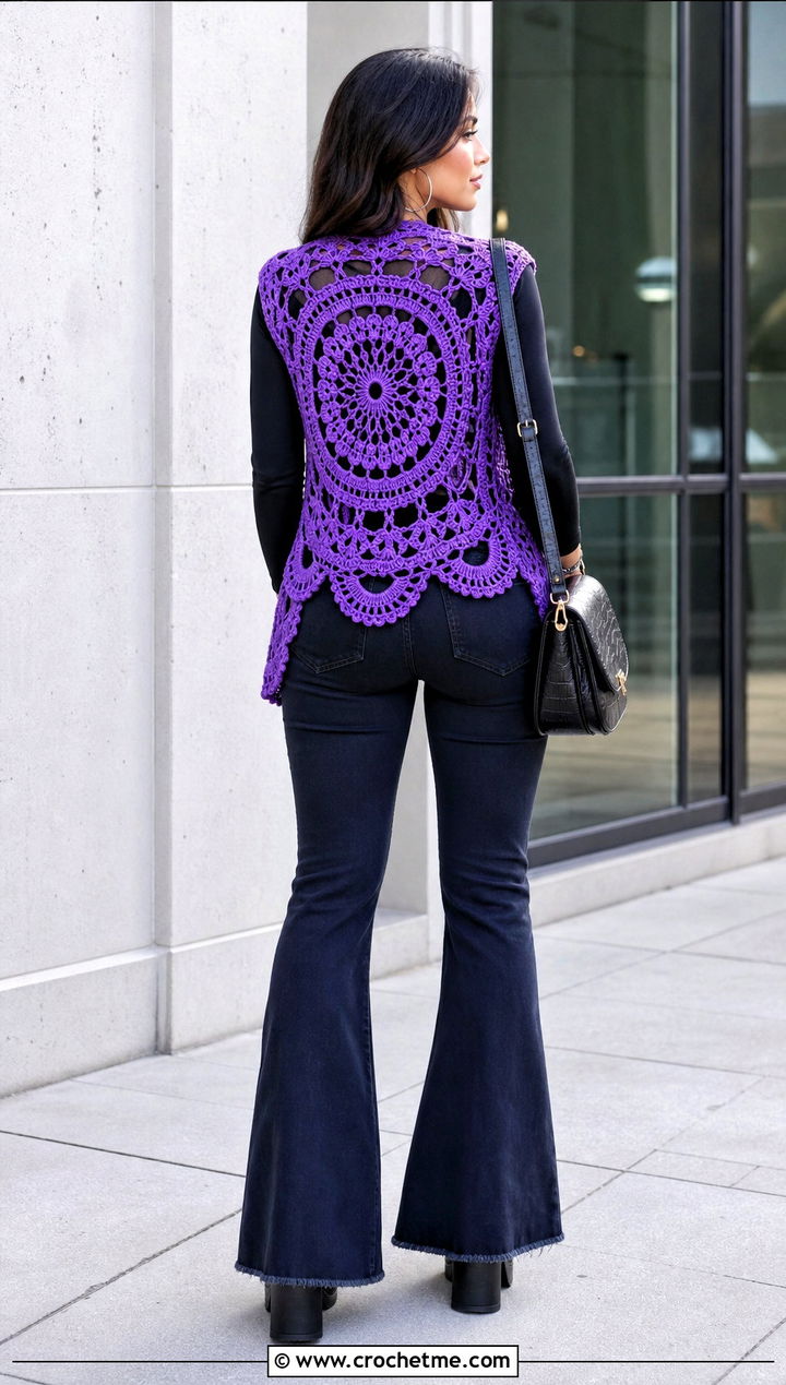 Circular Mandala Open Front Crochet Vest With Flared Jeans - 25 crochet open front vest outfit ideas
