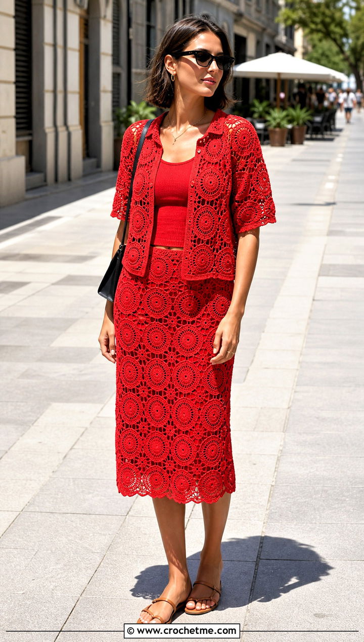 Circular Motif Midi Skirt Set With Ribbed Tank - 35 Crochet Skirts Set Outfit ideas