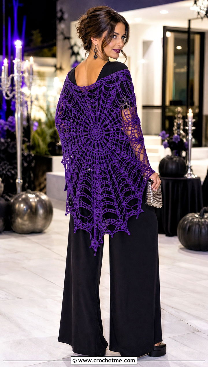 Circular Web Shawl With Tube Top and Wide Leg Pants - 25 halloween crochet shawl outfit ideas