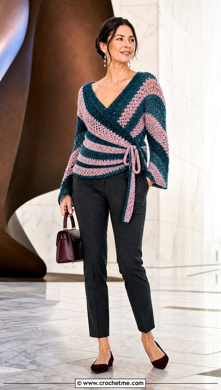 Circular Wrap Spiral Crochet Sweater With Slim Pants - 35 spiral crochet sweater outfit ideas