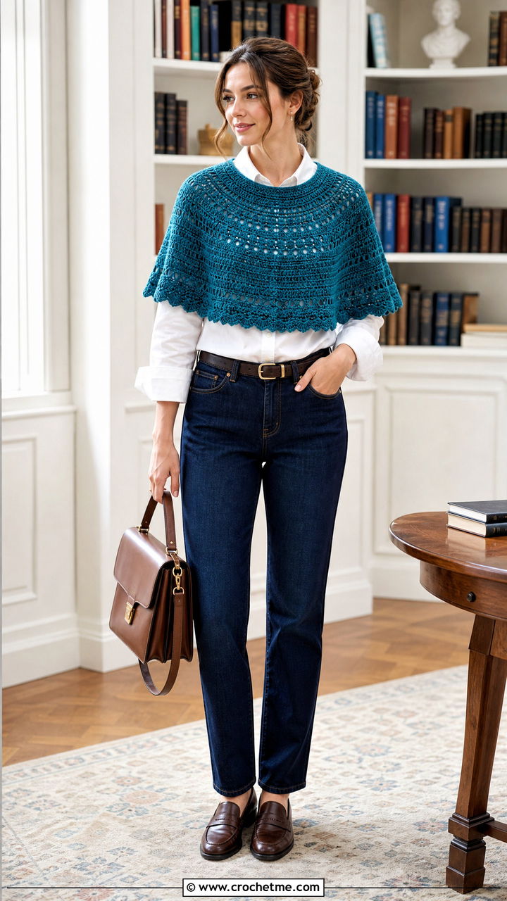 Circular Yoke Crochet Capelet With Shirt And Jeans - 35 crochet capelet outfit ideas