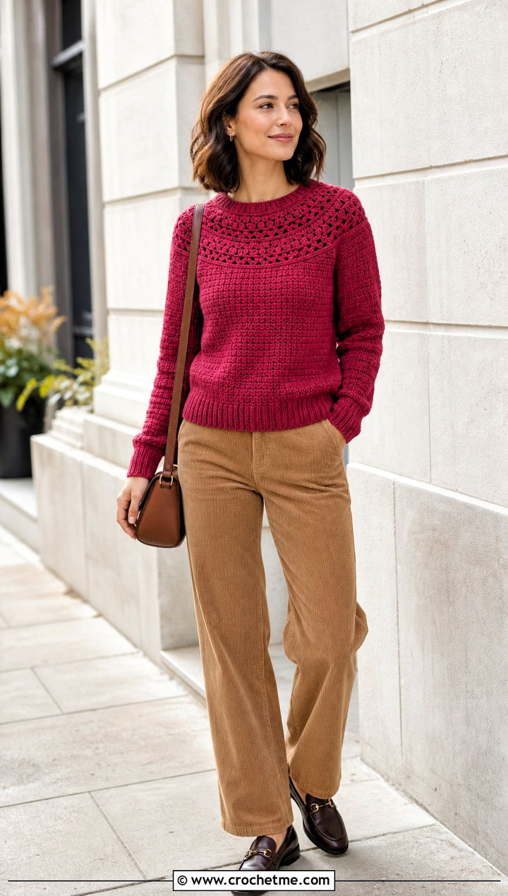 Circular Yoke Crochet Crewneck Sweater With Corduroy Pants - 30 crochet crewneck sweater outfit ideas